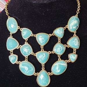 Elegant Women's Gold Tone Teal Framed Bib Necklace